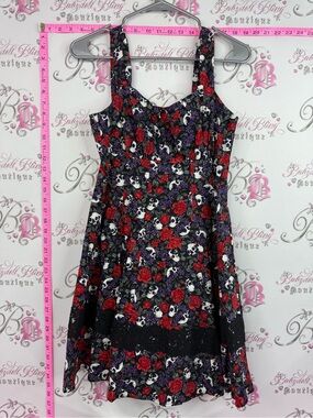 Hot Topic Black Dress with Red & Purple Floral Skull Print